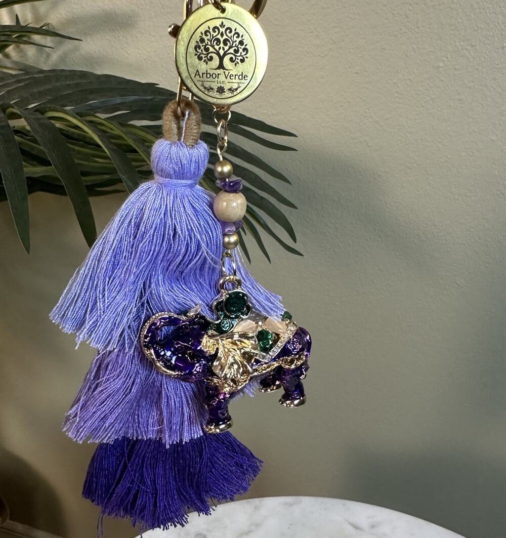 Bag charm Key chain Elephant Purple Gold 3 tier Tassel 6" Natural & Synthetic
